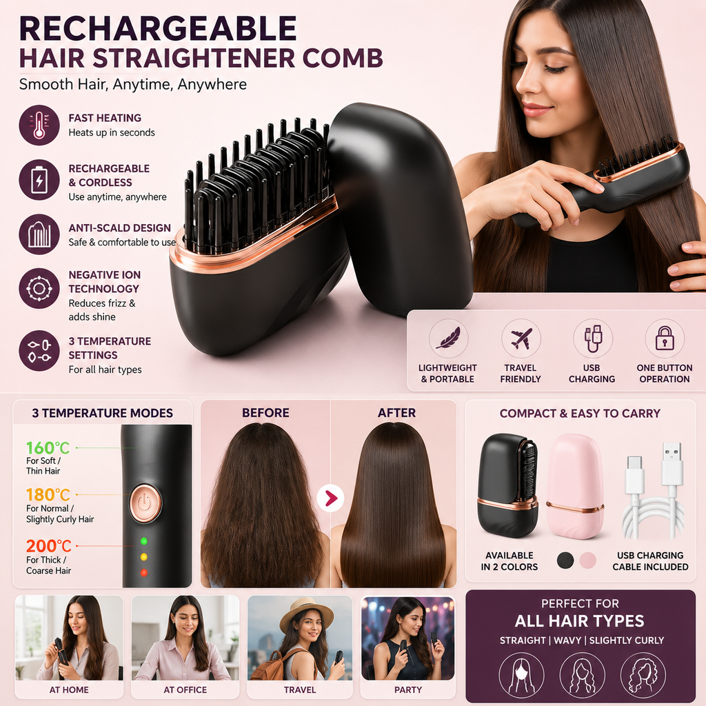 Rechargeable Portable Hair Straightener Comb | Cordless Hair Straightening Brush | Fast Heating | Negative Ion Technology | 3 Temperature Modes | Anti-Scald Design | Travel Friendly