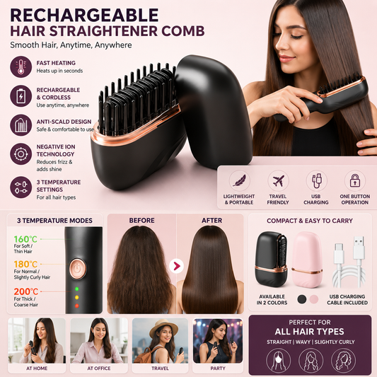 Rechargeable Portable Hair Straightener Comb | Cordless Hair Straightening Brush | Fast Heating | Negative Ion Technology | 3 Temperature Modes | Anti-Scald Design | Travel Friendly