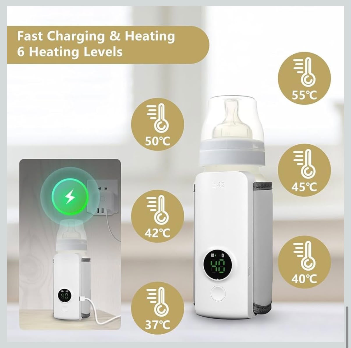 Original Portable Baby Bottle Warmer – USB Rechargeable Milk Warmer with Digital Temperature Display | Long Lasting