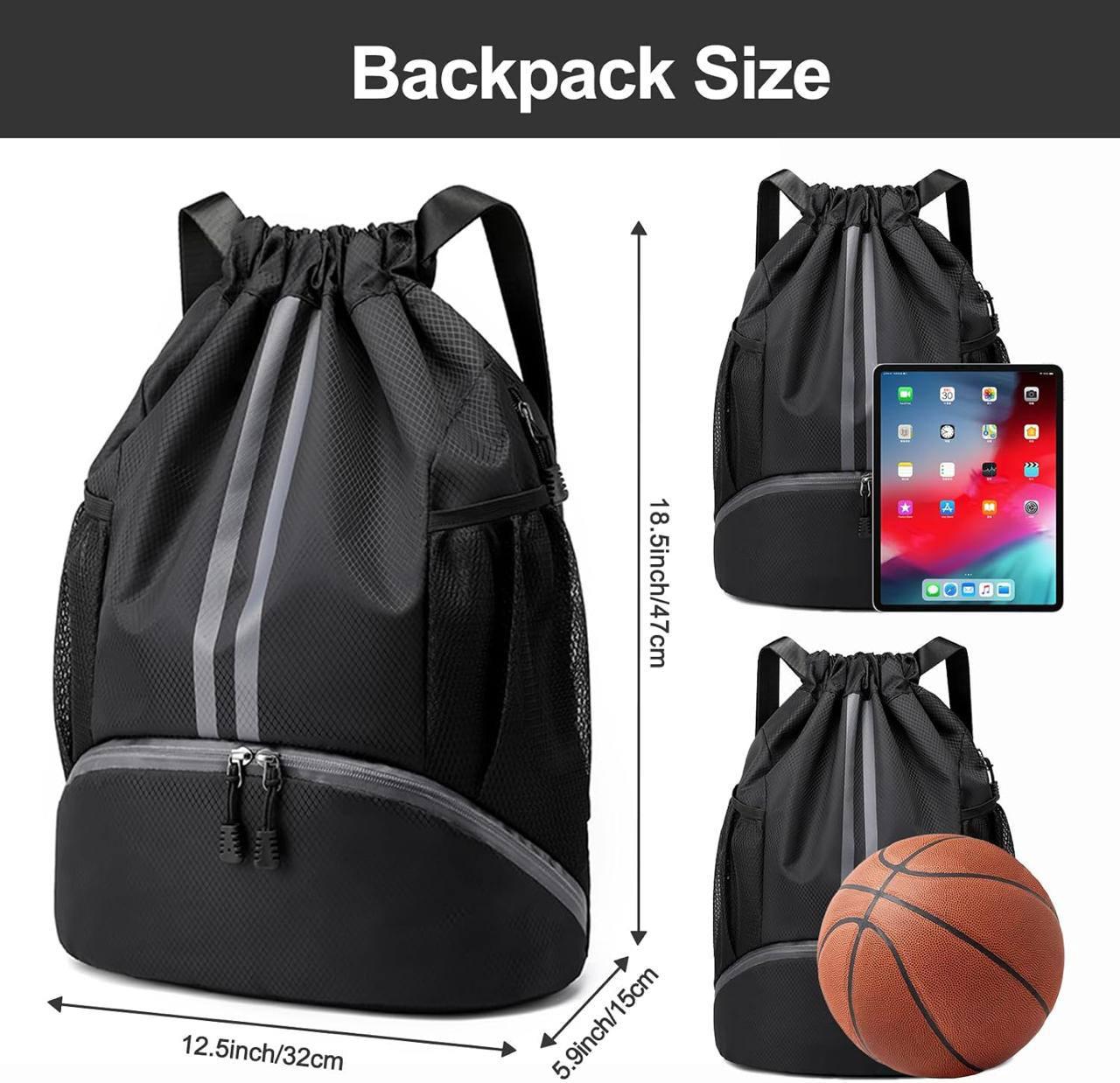 Sports Drawstring Gym Bag with Shoe Compartment | Waterproof Backpack | Wet Pocket | Multipurpose Travel, Swimming, Hiking & Gym Bag for Men & Women