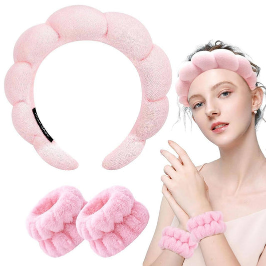 Spa Headband & Wristband Set for Face Wash & Makeup | Soft Cloud Headband | 3-Piece Facial Care Set