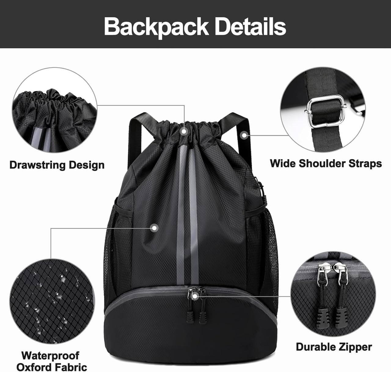Sports Drawstring Gym Bag with Shoe Compartment | Waterproof Backpack | Wet Pocket | Multipurpose Travel, Swimming, Hiking & Gym Bag for Men & Women