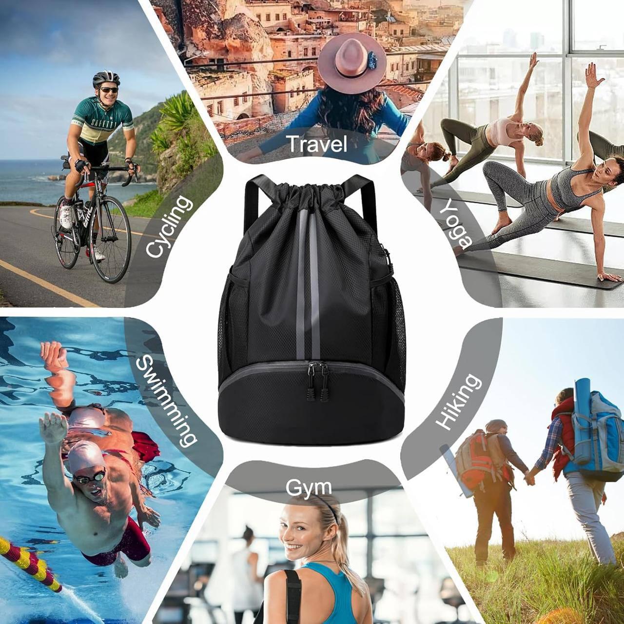 Sports Drawstring Gym Bag with Shoe Compartment | Waterproof Backpack | Wet Pocket | Multipurpose Travel, Swimming, Hiking & Gym Bag for Men & Women
